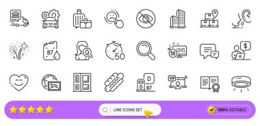 Bakmıyorum, web uygulaması için nemlendirici krem ve sertifika satırı simgeleri. Bir paket iş adamı, Diesel teneke kutu, Fısıltı resim simgeleri. Öncü lamba, bagaj, gülümseyen sohbet işaretleri. Arama barı. Vektör