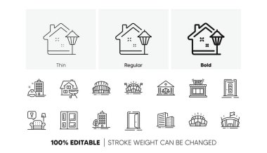 Mahkeme binası, Arena stadyumu ve sokak lambası simgeleri. Bina sürüsü, inşaat binası, ev mangalı ikonu. Gökdelen binaları, spor stadyumu, arena piktogramı. Dinlenme odası, dükkan. Vektör