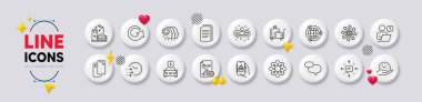 Charging station, Online question and Employees teamwork line icons. White buttons 3d icons. Pack of Smartphone, Recruitment, Execute icon. Vector