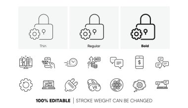 Hızlı dağıtım, internet sohbeti ve yaratıcı tasarım çizgisi simgeleri. Teklif paketi, VR, Elektrik prizi ikonu. Sohbet mesajları, noktalar mesajı, kablo tv bölümü resmi. Web envanteri. Satır simgeleri. Vektör