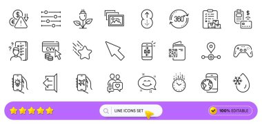 Zaman, Elektrik uygulaması ve dondurucu su hattı simgeleri web uygulaması için. Bir paket Swipe up, Deflasyon, eko güç ikonları. İnceleme, filtre, teslimat raporları. Pos terminal, fotoğraf albümü. Vektör