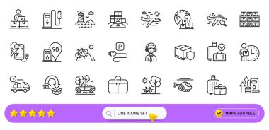 Dağ bisikleti, uluslararası dağıtım ve web uygulaması için ikonalar. Envanter paketi, benzin istasyonu, teslimat ikonları. Uçak yolculuğu, bagaj geri alma, nakliye destek tabelaları. Vektör