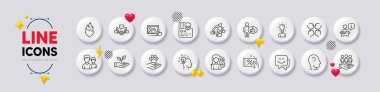 Heart flame, Teamwork chart and Photo studio line icons. White buttons 3d icons. Pack of Women headhunting, Education, Discount coupon icon. Helping hand, Couple, Idea pictogram. Vector clipart