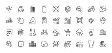 Yemek takımları, çok yönlü ve iletişim hattı simgeleri. Al, Soru ve Cevap, Harita iğne simgeleri. Yemek kabı, çevrimiçi pazar, Arena Stadyumu web ikonu. Vektör