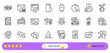 Web uygulaması için bulut hesaplama, mikroskop ve su geçirmez çizgi simgeleri. Bir paket Smartwatch, Smartphone istatistikleri, Eğitim fikri ikonları. Telefon mesajı, iş yerinde. Arama barı. Satır simgeleri. Vektör