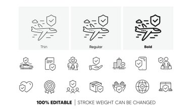 Health care, risk, help service. Insurance line icons set. Car accident, travel insurance, flight protection icons. Safety document, delivery risk. Car full coverage. Line icons set. Vector clipart