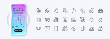 Web uygulaması için QR kodu, Sertifika ve Güneş koruma hattı simgeleri. Telefon modelleme gradyan ekranı. Apple paketi, indirimli mesaj, resim simgelerini kilitle. Eve, Jazz 'a, fırtına burçlarına. Vektör