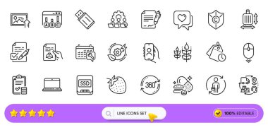 Not Defteri, Kullanıcı Çağrısı ve Web uygulaması için satır simgeleri kaydır. Malzeme zinciri, bagaj boyutu, takım çalışması ikonları. Yeşil enerji, fotoğraf yükleme, telif hakkı koruma işaretleri. Arama barı. Vektör