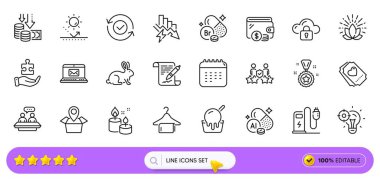 Şarj istasyonu, takvim ve web uygulaması için elektrik hattı simgeleri kaydediliyor. Bir paket alüminyum mineral, e-posta, Aroma mumu ikonu. Güvenlik onaylandı, Bromine minerali, dondurma tabelaları. Vektör