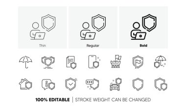 Araba sigortası, güvenlik kalkanı ve güvenli şemsiye. Savunma hattı simgeleri. Güvenlik riski, bilgisayar güvenliği ve savunma gizlilik simgeleri. Çevrimiçi bilgiyi güvene alın, Kule Kalesi ve kalkanı koruyun. Vektör