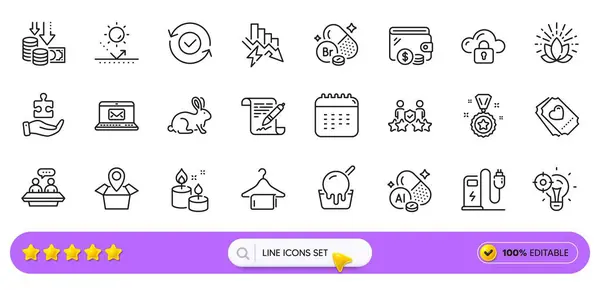 stock vector Charging station, Calendar and Saving electricity line icons for web app. Pack of Aluminium mineral, E-mail, Aroma candle pictogram icons. Security confirmed, Bromine mineral, Ice cream signs. Vector