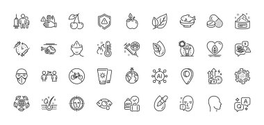 Bisiklet yasaklandı, tıbbi maske ve güneş kremi simgeleri paketlendi. Al, Soru ve Cevap, Harita iğne simgeleri. Ruh sağlığı, Cherry, Aşı takvimi web simgesi. Vektör