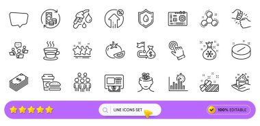Sohbet mesajı, Yıldızlar ve Web uygulaması için para akışı simgeleri. Kredi paketi, takım çalışması, Kimya molekülü ikonlar. Benzin istasyonu, ana kart, grup üyeleri imzalar. Arama barı. Vektör
