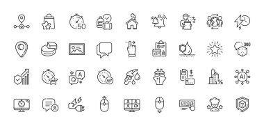 Konuşma balonu, Ev ve Vip zaman çizelgesi simgeleri paketi. Al, Soru ve Cevap, Harita iğne simgeleri. Su geçirmez, şarj etme zamanı, sohbet baloncuğu ikonu. Vektör