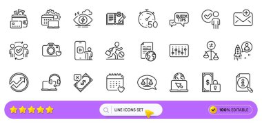Web uygulaması için stres, telefon videosu ve internet belge satırı simgeleri. Zamanlayıcı, ayrımcılık, reddedilmiş ödeme ikonları. Özel ödeme, hızlı bahşişler, yeni posta tabelaları. Arama barı. Vektör