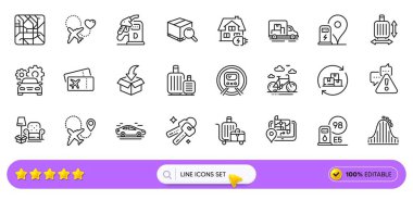 Web uygulaması için uçak, bagaj arabası ve uyarı hattı simgeleri. Bisiklet kiralama, GPS, lunapark treni ikonları. Bagaj boyutu, mazot istasyonu, teslimat tabelası. Anahtarlar. Arama barı. Vektör