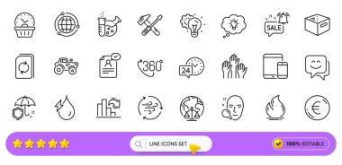 Hydroelectricity, Face search and Smile face line icons for web app. Pack of Last minute, Voting hands, Tractor pictogram icons. Office box, Hammer tool, Globe signs. Euro money. Search bar. Vector clipart