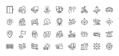 Dizel istasyon, izleme paketi ve araba inceleme çizgisi simgeleri. Al, Soru ve Cevap, Harita iğne simgeleri. Otopark, şarj istasyonu, Cash Transit web simgesi. Vektör