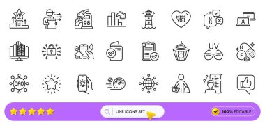 Sizi özledim, internet uygulaması için Info ve Petrol istasyonu simgeleri. Ev güvenliği paketi, doğrulama belgesi, güneş gözlüğü resim simgeleri. Makarna, Dao, Atılgan işaretleri. Florin minerali. Arama barı. Vektör