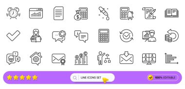 Web uygulaması için hesap makinesi alarmı, video konferansı ve zaman çizelgesi simgeleri. Eğitim, Finans hesap makinesi, siber saldırı ikonları. Algoritma, web sitesi istatistikleri, bilgi işaretleri. Vektör