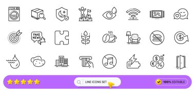 Target purpose, Potato and Fake news line icons for web app. Pack of Search package, Hydroelectricity, Puzzle pictogram icons. Credit card, Battery, Eye drops signs. No music, Coffee cup. Vector clipart