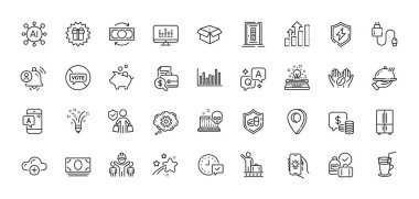 Muhasebe raporu, Kahve ve Mühendislik takım simgeleri. Al, Soru ve Cevap, Harita iğne simgeleri. Elektrik uygulaması, bavul kemeri, Restoran gıda ikonu. Vektör