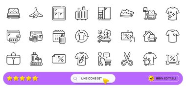Alıcı düşün, bagaj takvimi ve web uygulaması için Armchair line simgeleri. Bir paket dolap, indirim kuponu, cüzdan parası ikonu. Cüzdan, Lounger, Pencere işaretleri. Bagaj, temiz tişört. Vektör