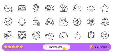 Web uygulaması için bilgisayar fanı, Graph dizüstü bilgisayar hattı simgeleri çalıştır. Bir paket fosfor minerali, konsolidasyon, yıldız resim ikonları. Zamanlayıcı, Dünya su işaretleri. Haberler sahte, Uyum. Arama barı. Vektör