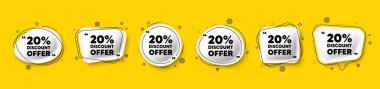 20 percent discount tag. Speech bubble 3d icons set. Sale offer price sign. Special offer symbol. Discount chat talk message. Speech bubble banners with comma. Text balloons. Vector clipart