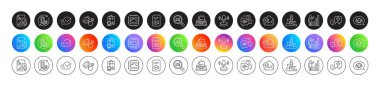 Graph chart, Customer satisfaction and Lightning bolt line icons. Round icon gradient buttons. Pack of Inspect, Justice scales, Business podium icon. Vector