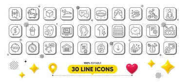 Seo, Luggage and Parking garage line icons pack. 3d design elements. Technical documentation, Delivery bike, Deluxe mattress web icon. Dirty water, Wallet, Energy inflation pictogram. Vector clipart