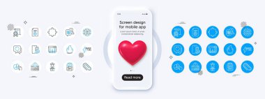 3D kalp ikonlu telefon modeli. Hızlı başlangıç rehberi, pasta çizelgesi ve yapay zeka çizgisi simgeleri. Anket sonuçları, ataç, teknik belge ikonu. Vektör