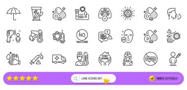 İnternet uygulaması için kolesalciferol, aşı ve ambulans acil durum hattı simgeleri. Bir paket insan aşısı, aşı yok, yıkama, resim ikonları. Coronavirus, evde kal, Şemsiye işaretleri. Vektör