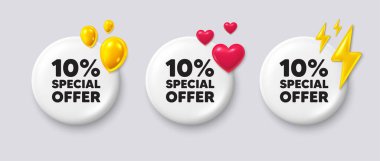 10 percent discount offer tag. White buttons with 3d icons. Sale price promo sign. Special offer symbol. Discount button message. Banner badge with balloons, energy, heart. Social media icons. Vector clipart