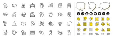 Web uygulaması için Mühendislik, Gülümseme Sohbeti ve Su geçirmez Satır simgeleri. Tasarım unsurları, sosyal medya simgeleri. Yemek pişirme şapkası, dokunmatik jest, birden fazla görev ikonu. Vektör