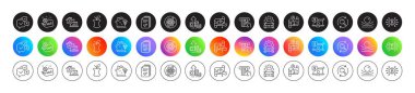 Destination flag, Bitcoin system and Sale line icons. Round icon gradient buttons. Pack of Search, Work home, Handout icon. Elastic material, Online shopping, Street light pictogram. Vector