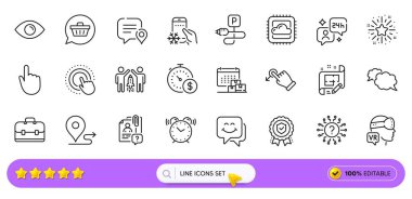 Bulut bilgisayarı, Sohbet balonu ve web uygulaması için son dakika satır simgeleri. Bir paket Twinkle Star, teslimat takvimi, ortaklık ikonları. Buzdolabı uygulaması, alışveriş arabası. Arama barı. Vektör