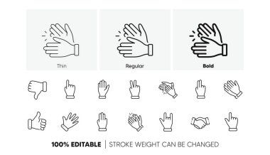 Handshake, Clapping hands, Victory. Hand gestures line icons. Horns, Thumb up finger, drag and drop icons. Donation hand gestures, click, helping hand. Linear set. Line icons set. Vector clipart