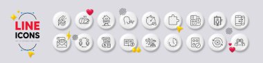 Medical tablet, Puzzle and Elevator line icons. White buttons 3d icons. Pack of Time, Love letter, Coffee cup icon. Hypoallergenic tested, Card, Facts pictogram. Timer, Home grill, Accounting. Vector clipart