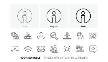 Çevrimiçi soru, sesli mesaj ve açık kutu satırı simgeleri. Yapay zeka paketi, çevrimiçi depolama, video konferans ikonu. Bilgi, Wifi, Pictogram 'ı inceleyin. Küresel iş, Yıldız, Analitik. Vektör