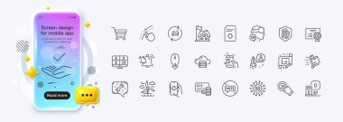Müzik telefonu, dokunmatik ekran jesti ve web uygulaması için envanter arabası çizgisi simgeleri. Telefon modelleme gradyan ekranı. Bulut sunucusu paketi, pazar satışı, parmak izi ikonları. Vektör