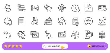 Buluşma, kimya laboratuvarı ve web uygulaması için parmak izi çizgisi simgeleri. Bir paket alarm zili, Belge, Smartphone su geçirmez resim simgeleri. Gerçekler, dürüstlük, kayan yıldız işaretleri. Müzik, Card. Vektör