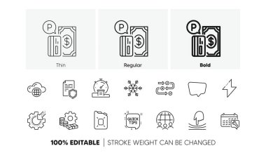 Parking payment, Air conditioning and Data security line icons. Pack of Timer, Elastic, Canister oil icon. Money, Cloud computing, Chat message pictogram. Seo gear, Energy, Quick tips. Vector clipart