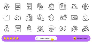 Kahve, pasaport belgesi ve web uygulaması için SSD hat simgeleri. Bir paket Pin, Spanner, para çantası resimli resim ikonları. Sözlük, rapor belgesi, kasa tabelaları. Lake, sosyal sorumluluk. Arama barı. Vektör