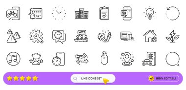Enerji, Çevrimiçi ödeme ve web uygulaması için Zamanlayıcı uygulaması simgeleri. Araba ruhsatı paketi, 5G telefon, müzik ikonu yok. Mühendislik, gümrük, kontrol listesi. Bisiklet uygulaması. Arama barı. Vektör