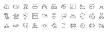 Pencere, kirli tişört ve el çantası çizgisi simgesi yok. Bir paket don, cüzdan, kesim ikonu. İndirimli hediyeler, tişörtler, indirimler Pictogram sunuyor. Elbise, balkon, satın alma süreci. Alıcı, iskemle, makas. Vektör