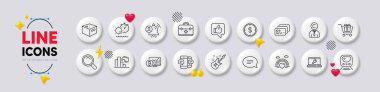 Metro, Shopping cart and Office box line icons. White buttons 3d icons. Pack of First aid, Dollar target, Card icon. Chat, Copyrighter, Laptop repair pictogram. Vector clipart