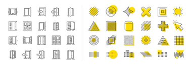 Açık kapı, bina girişi, acil çıkış. Şekil elementleri tasarla. Giriş çizgisi simgeleri. Kapalı kapı aralığı, kapı çerçevesi, eve giriş simgeleri. Kapı kolu, eve giriş, binaya giriş. Vektör