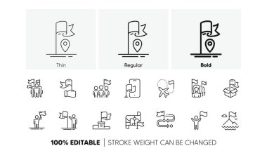 Liderlik, Gol Başarı, Bayrak Kazanan. Bayrak çizgisi simgeleri. Navigasyon haritası, seyahat hedefi, insanlar çizgi simgelerini protesto ediyor. Bayrak direkli dağ, teslimat kutusu, mülkiyet. Vektör