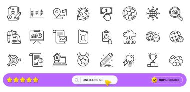 Evde çalış, İnternet uygulaması için sıralama yıldızı ve posta hattı simgeleri. Zaman dilimi paketi, Hedef, Ödeme resimli resim simgeleri. Kazanan podyum, Brand kontratı, sunum tabelaları. Arama barı. Vektör